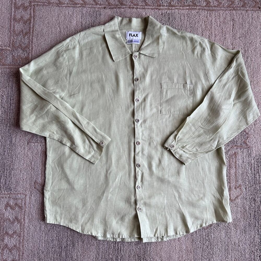 FLAX Linen Button Up Shirt Top Oversized Coastal Minimalist Lime Greenâ Large